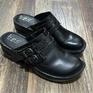 boc Born Concepts black leather slip on clogs women's 7 double buckle shoes